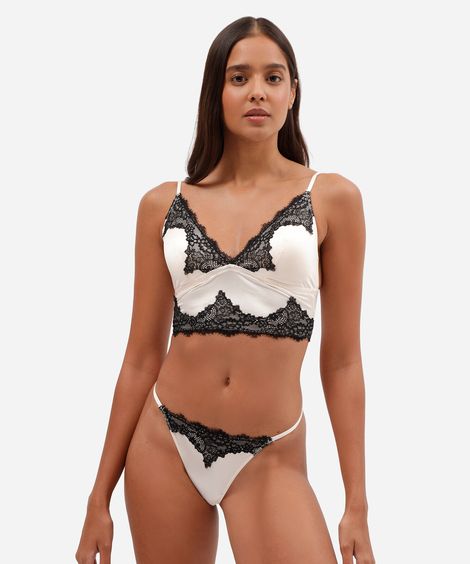 calcinha string de microfibra acetinada com renda bege