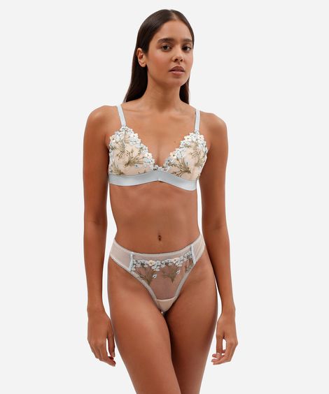 calcinha fio dental feminina de tule com bordado floral azul