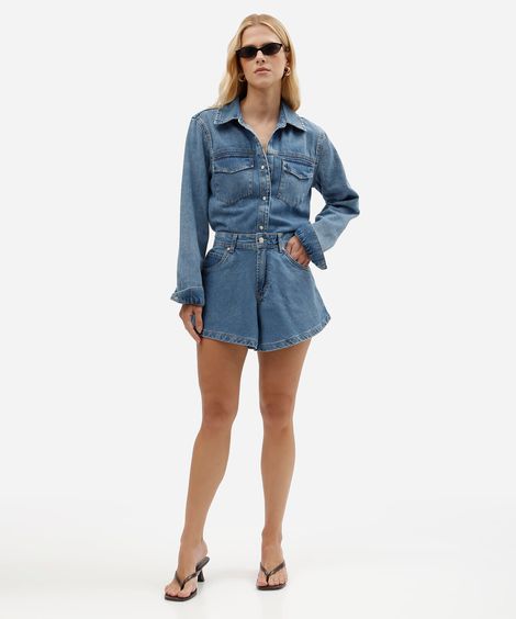 short feminino jeans cintura alta azul