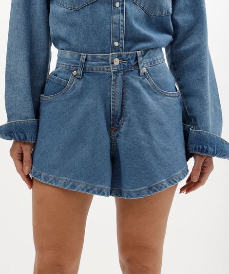 short feminino jeans cintura alta azul
