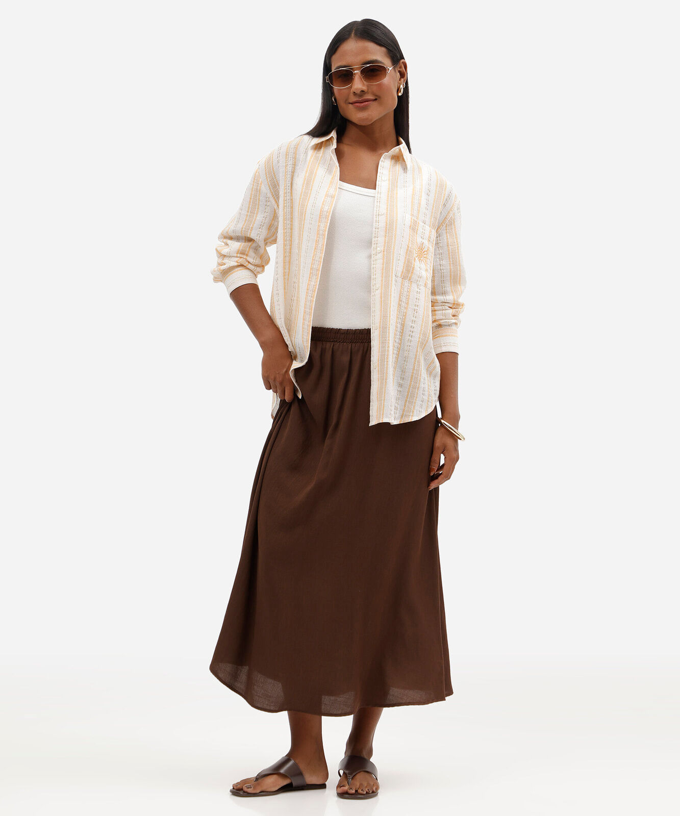 saia midi feminina de viscose cós com elástico marrom