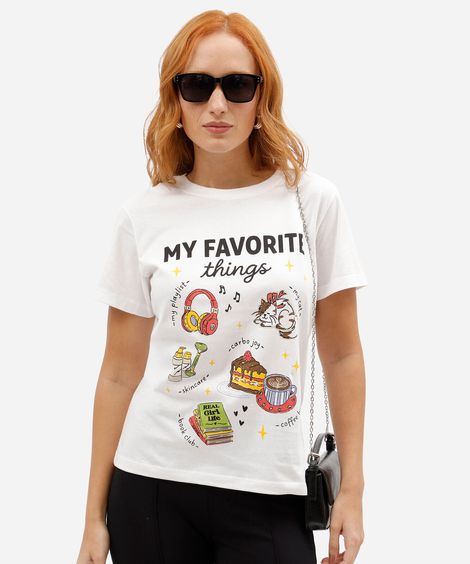 camiseta feminina de algodão manga curta estampada básica off white