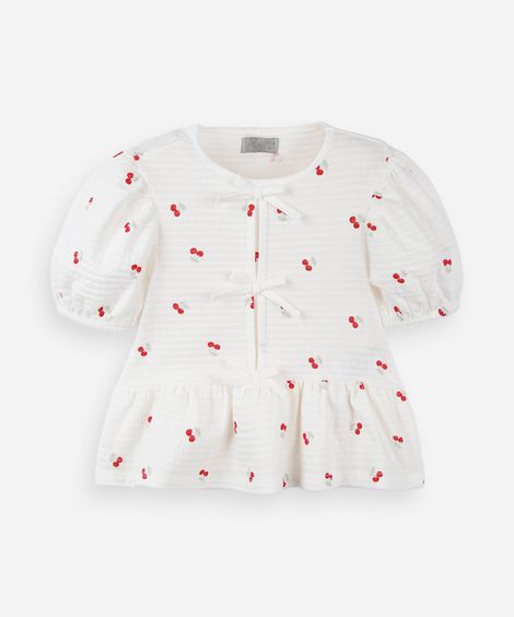 blusa infantil peplum estampada com laços e manga bufante branco