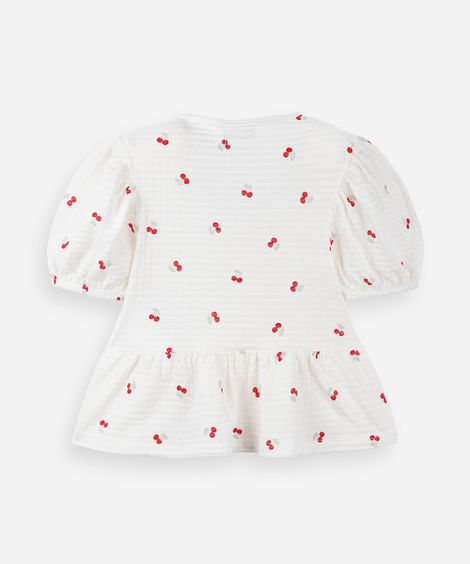 blusa infantil peplum estampada com laços e manga bufante branco