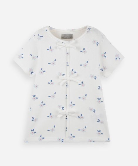 blusa infantil canelada com estampa floral e laços off white