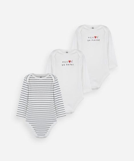 kit 3 bodies infantis estampados manga longa em algodão branco