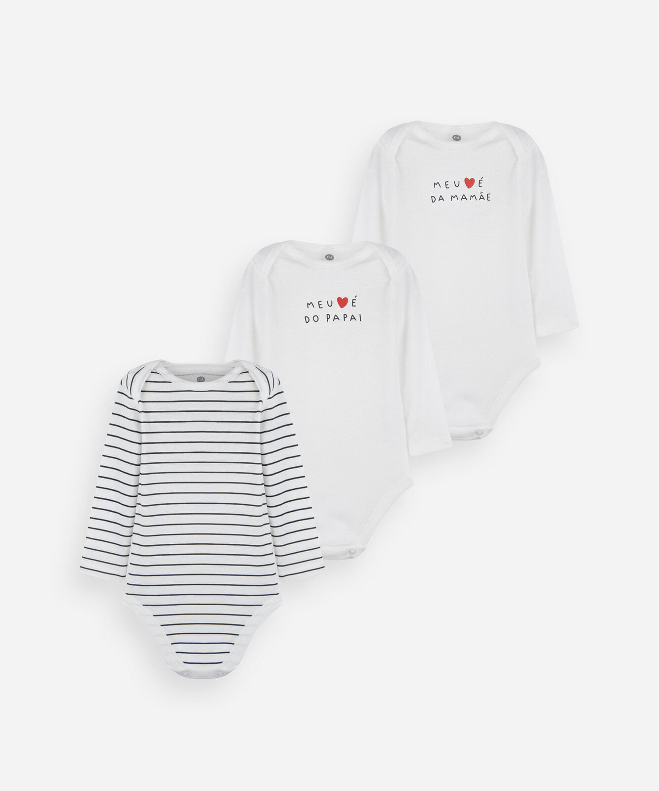 kit 3 bodies infantis estampados manga longa em algodão branco
