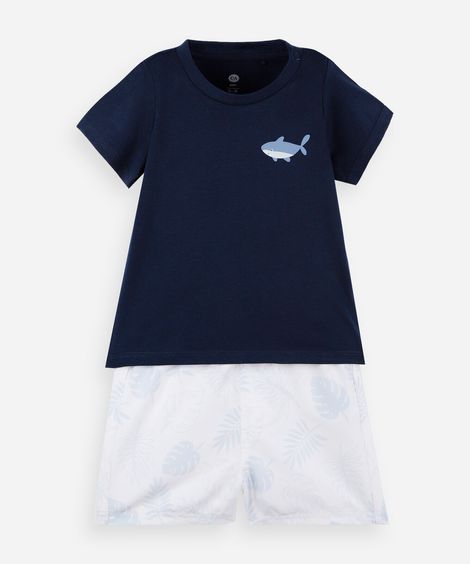conjunto curto infantil menino com camiseta de tubarão e short listrado azul