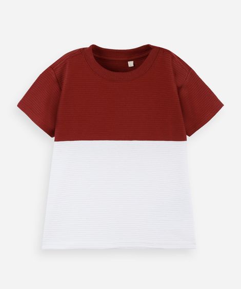 camiseta infantil manga curta com recorte bicolor em algodão vinho