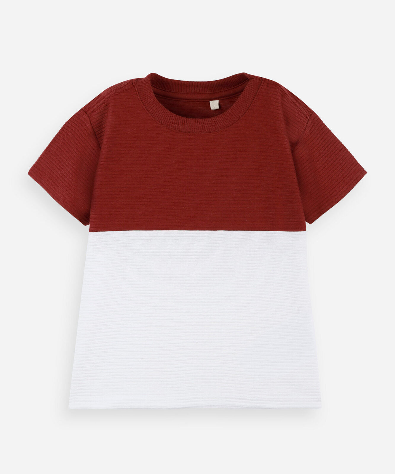 camiseta infantil manga curta com recorte bicolor em algodão vinho