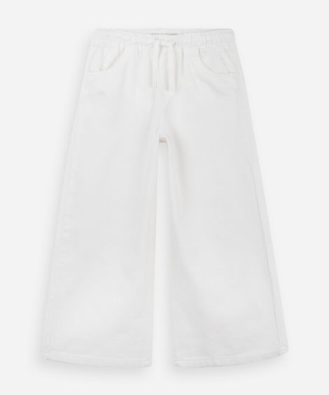 calça wide leg infantil de sarja com cós de elástico off white