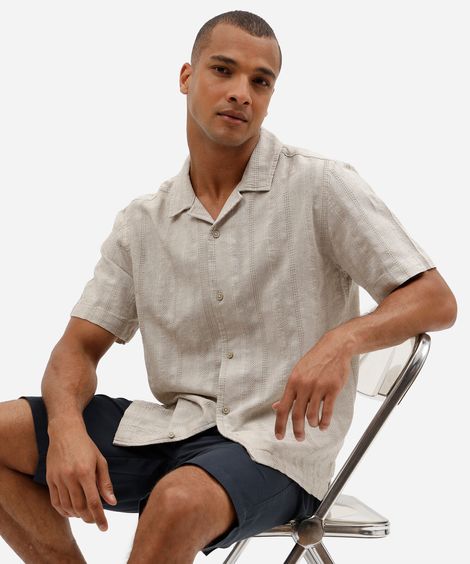 camisa masculina comfort de algodão com linho texturizada bege