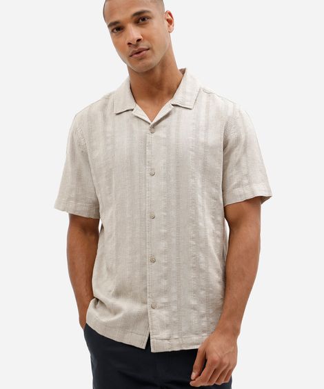 camisa masculina comfort de algodão com linho texturizada bege