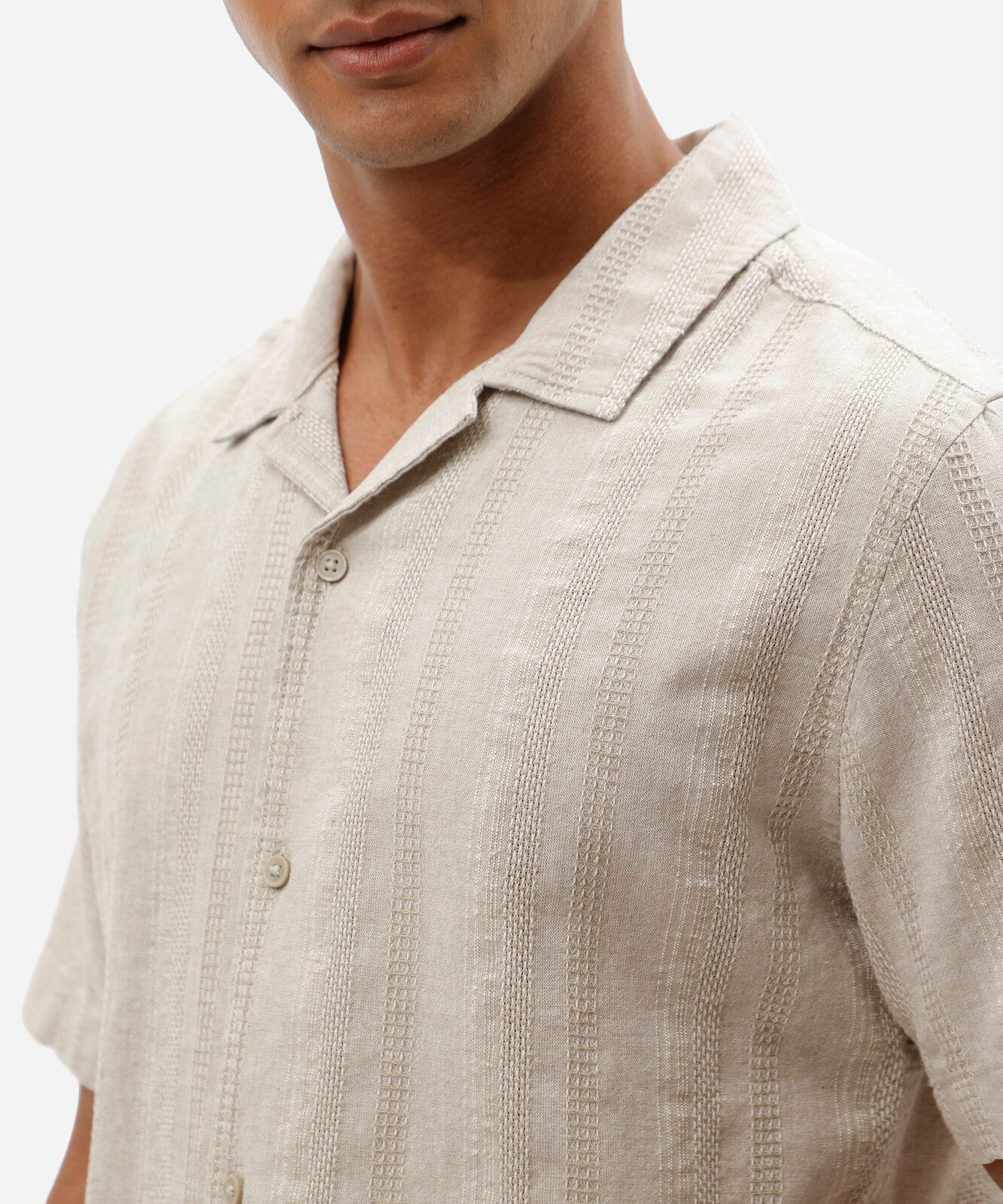 camisa masculina comfort de algodão com linho texturizada bege