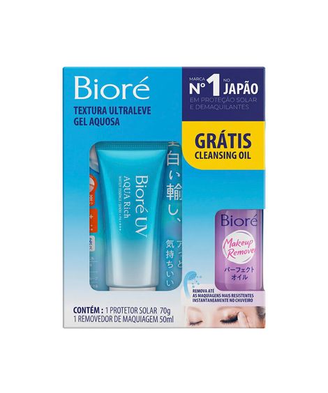 kit bioré protetor solar uv aqua rich fps 50 70g e óleo demaquilante 50ml
