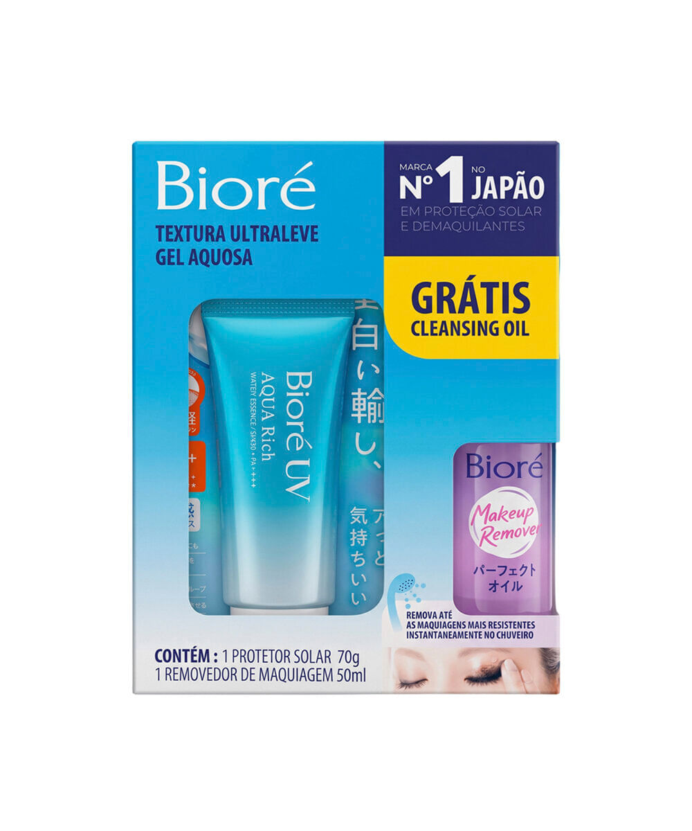 kit bioré protetor solar uv aqua rich fps 50 70g e óleo demaquilante 50ml