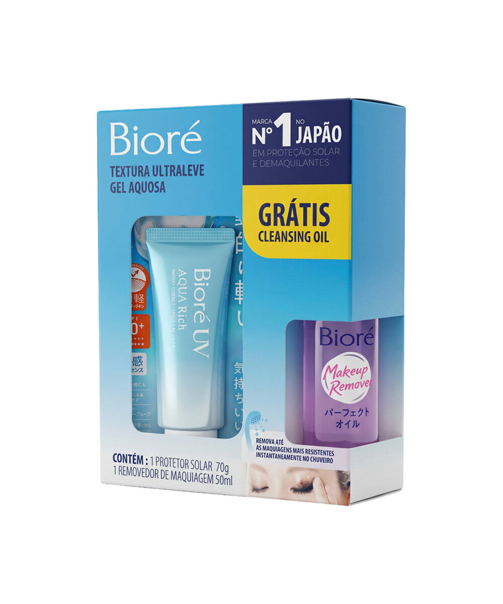 kit bioré protetor solar uv aqua rich fps 50 70g e óleo demaquilante 50ml