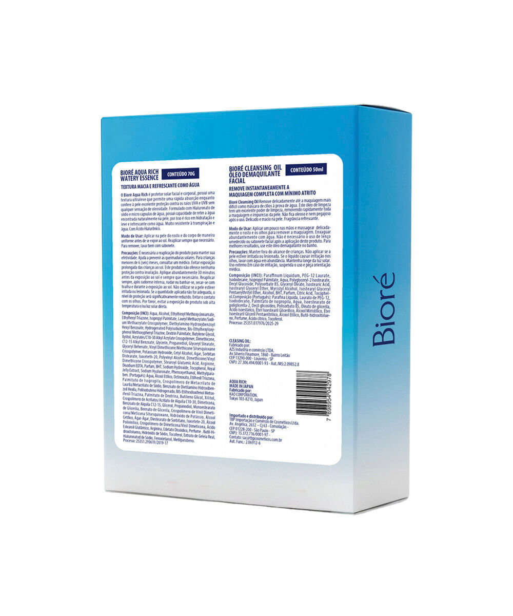 kit bioré protetor solar uv aqua rich fps 50 70g e óleo demaquilante 50ml