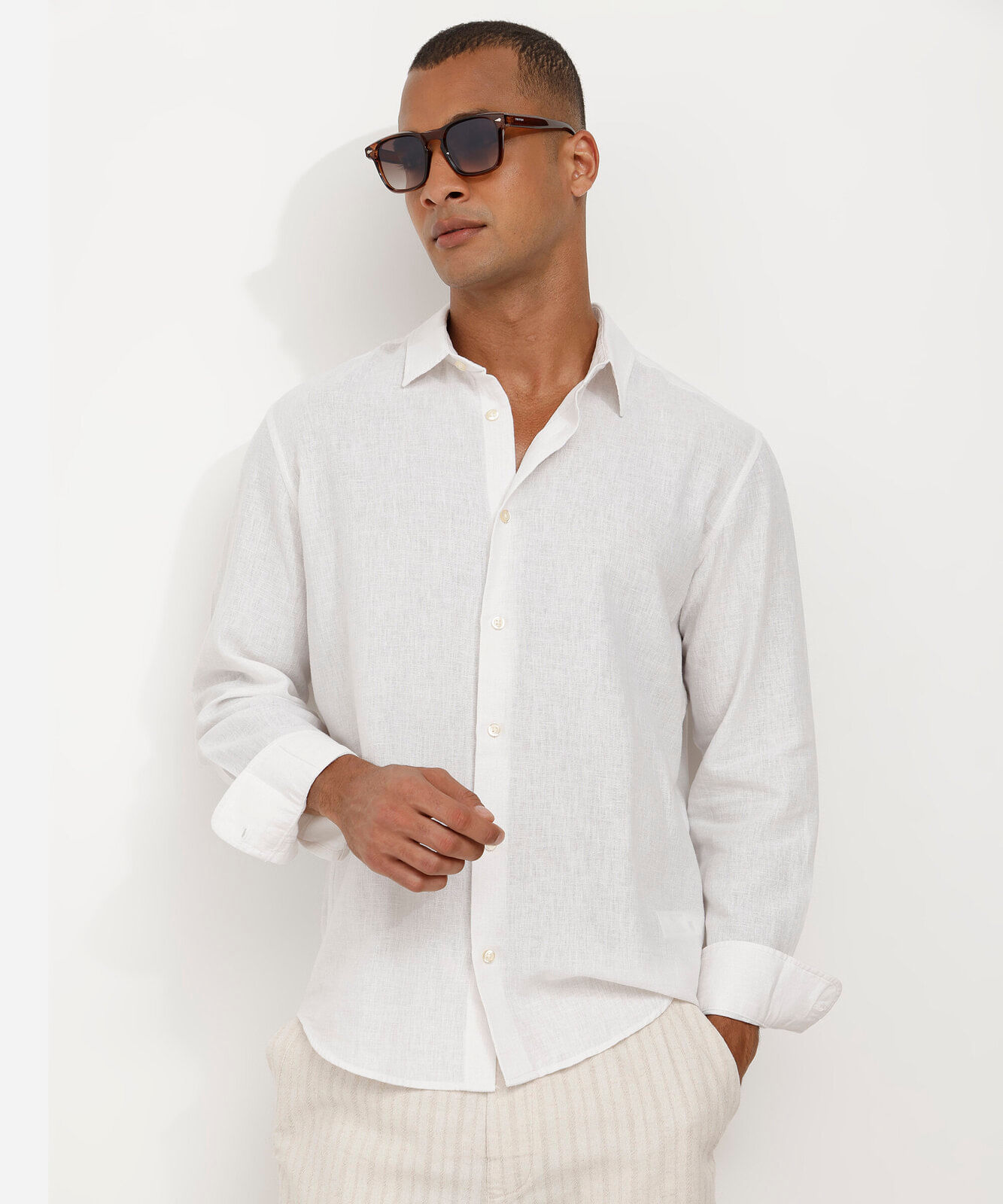 camisa masculina com linho manga longa branca
