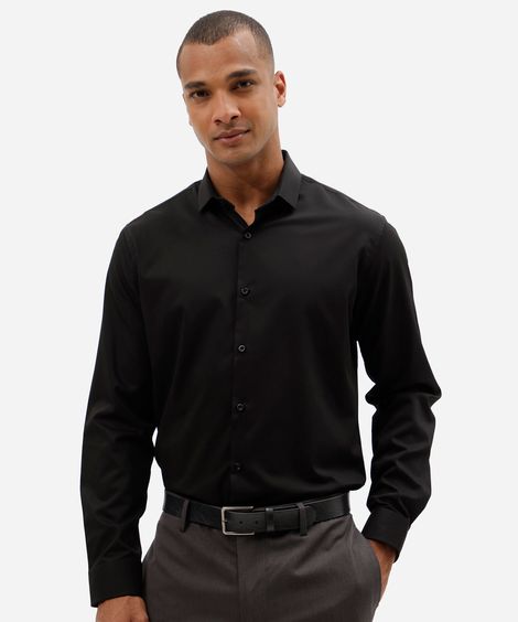camisa masculina comfort manga longa em viscose com fios metalizados preto