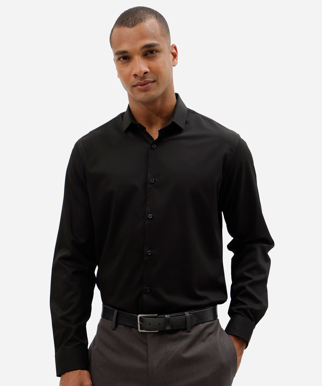 camisa masculina comfort manga longa em viscose com fios metalizados preto