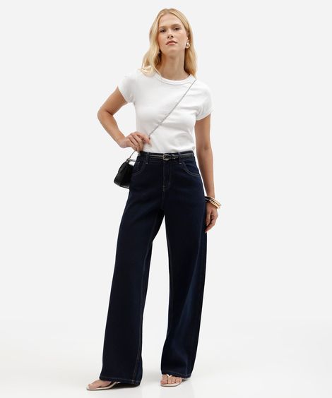 calça jeans feminina wide leg de cintura baixa em algodão azul