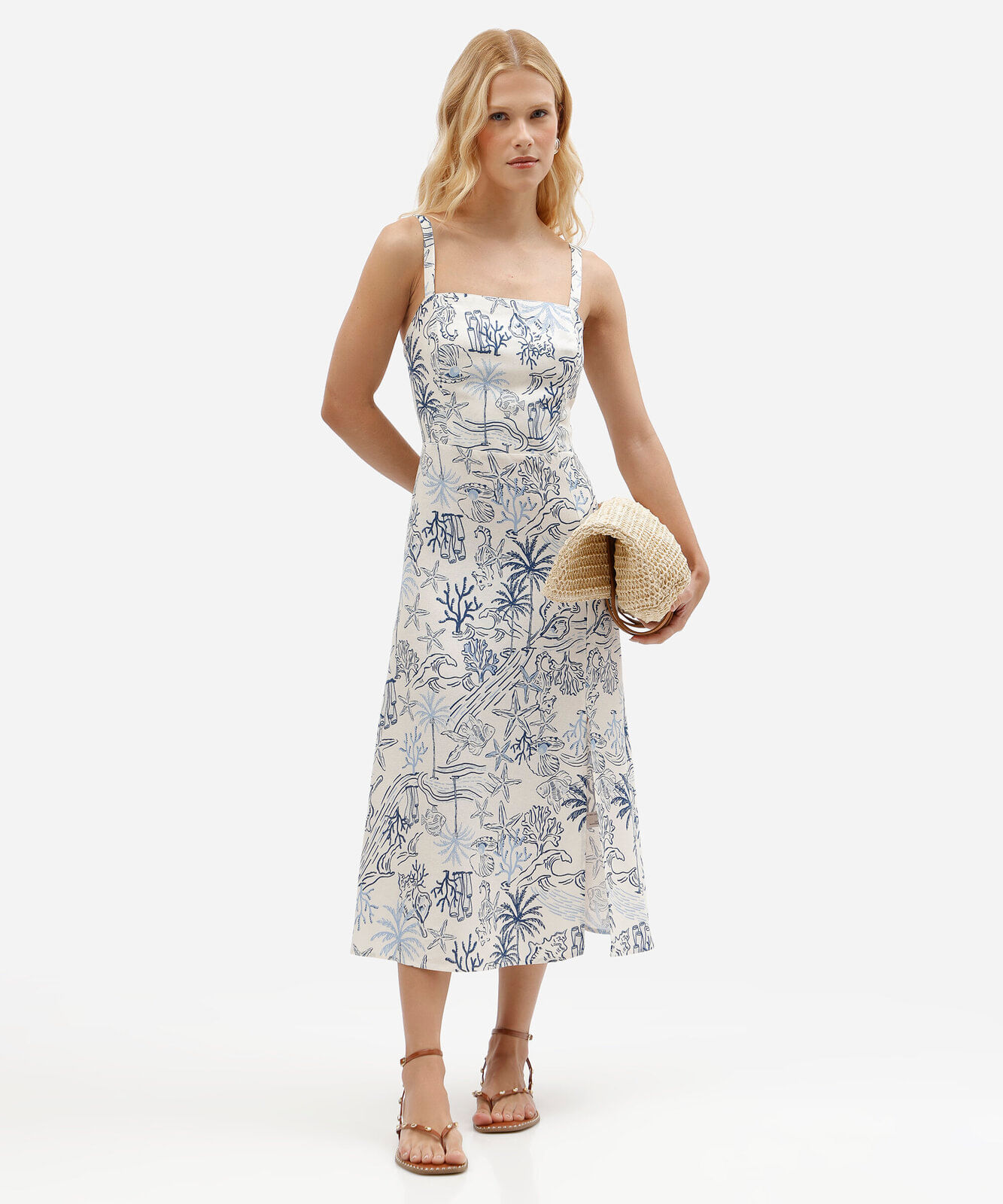 vestido midi estampado em linho com viscose e busto lastex bege