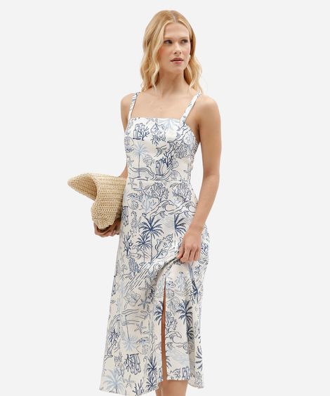 vestido midi estampado em linho com viscose e busto lastex bege