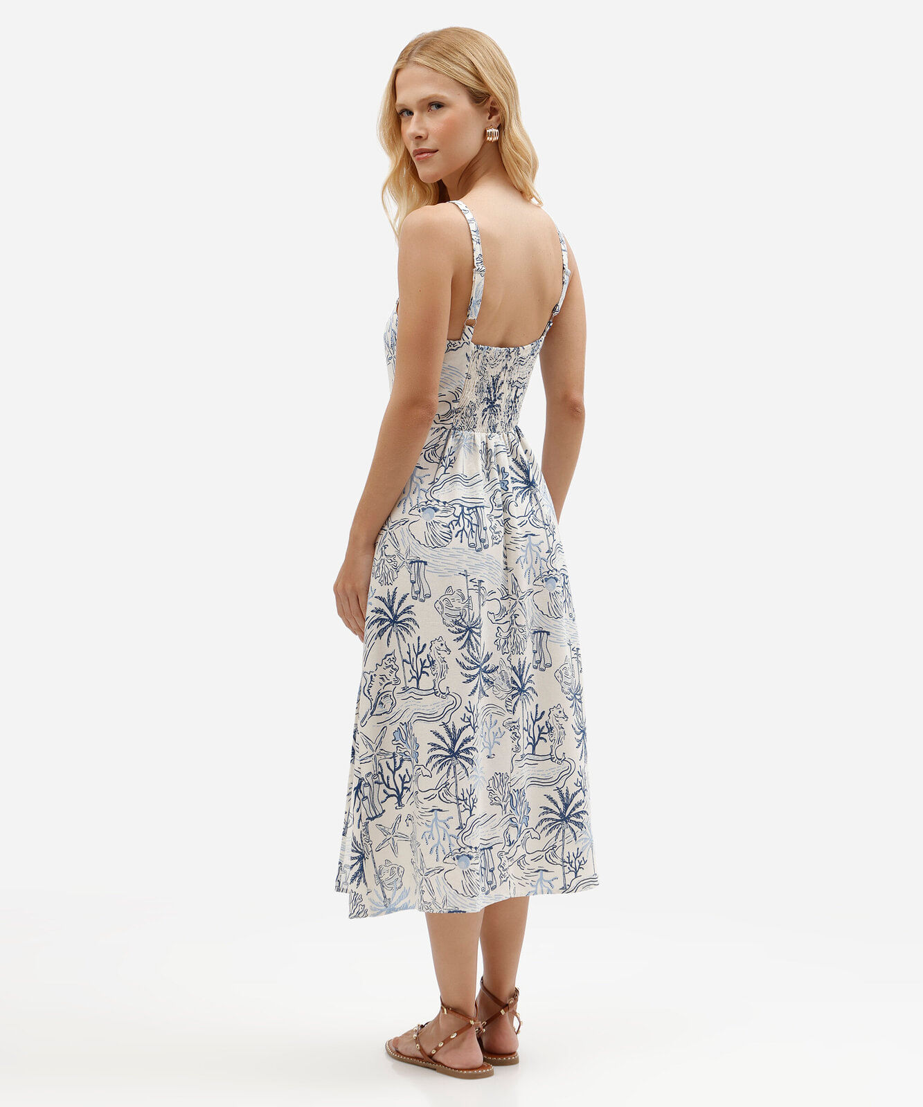 vestido midi estampado em linho com viscose e busto lastex bege