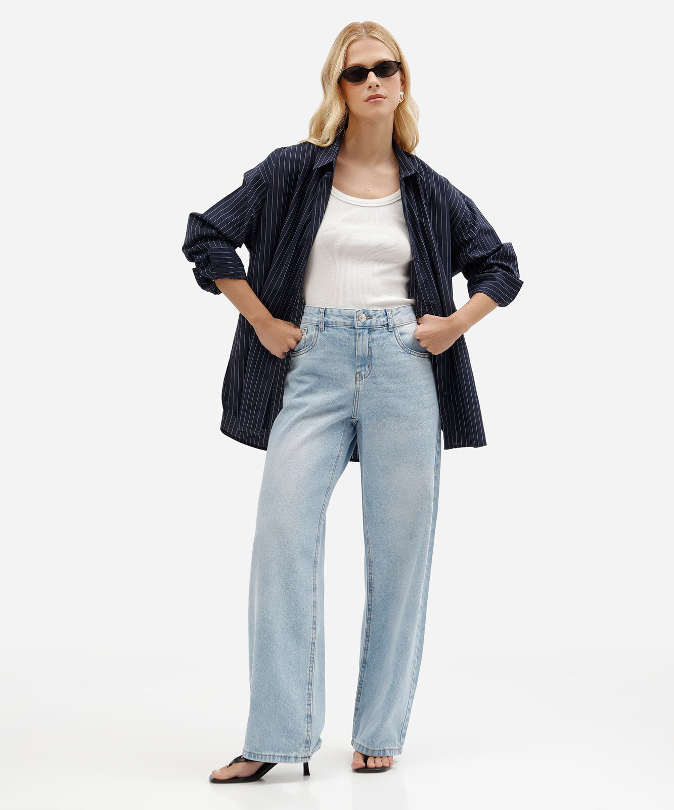calça jeans wide leg lavada feminina cintura baixa azul