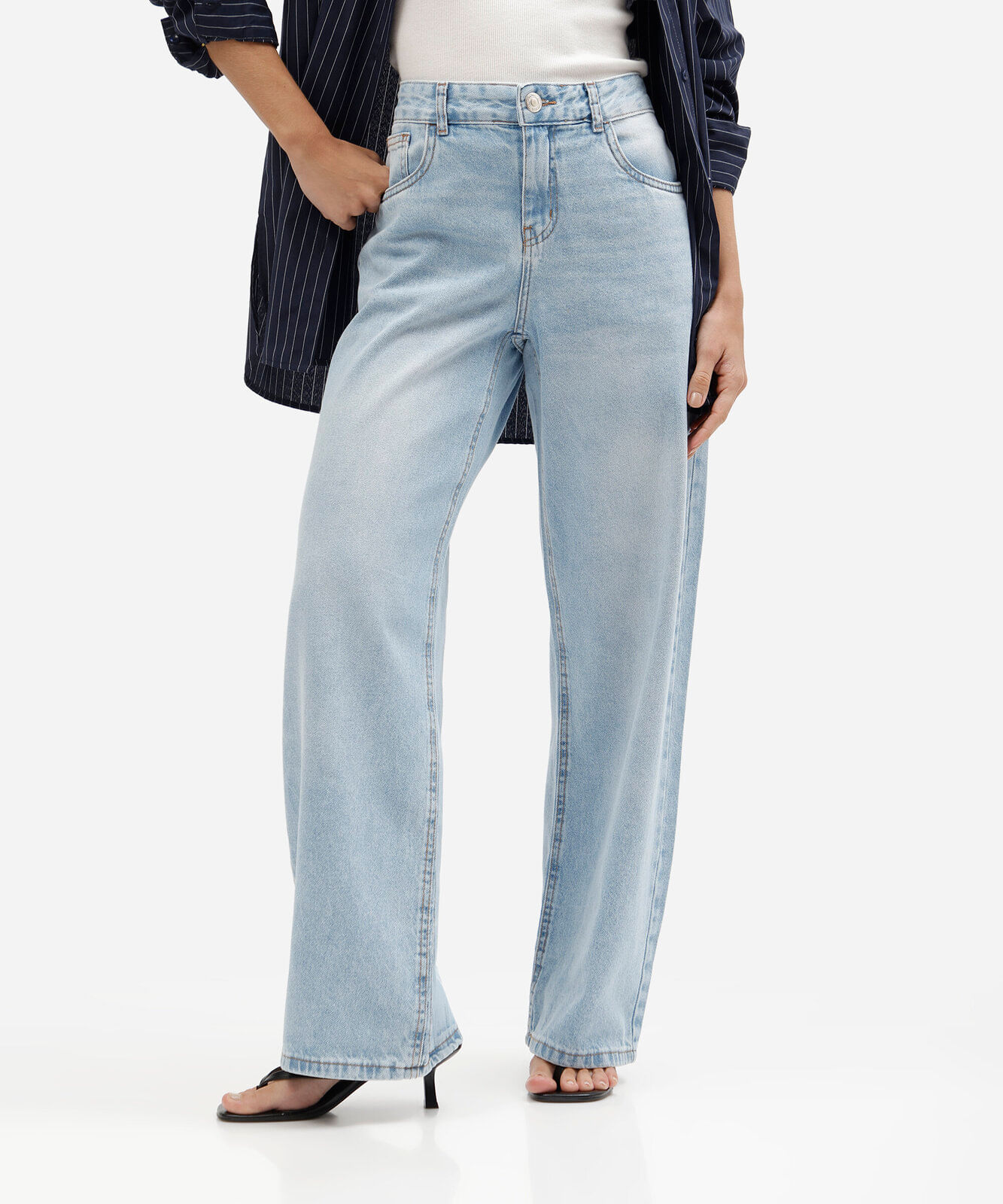 calça jeans wide leg lavada feminina cintura baixa azul