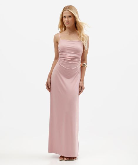 vestido longo coluna feminino de malha com decote drapeado rosa