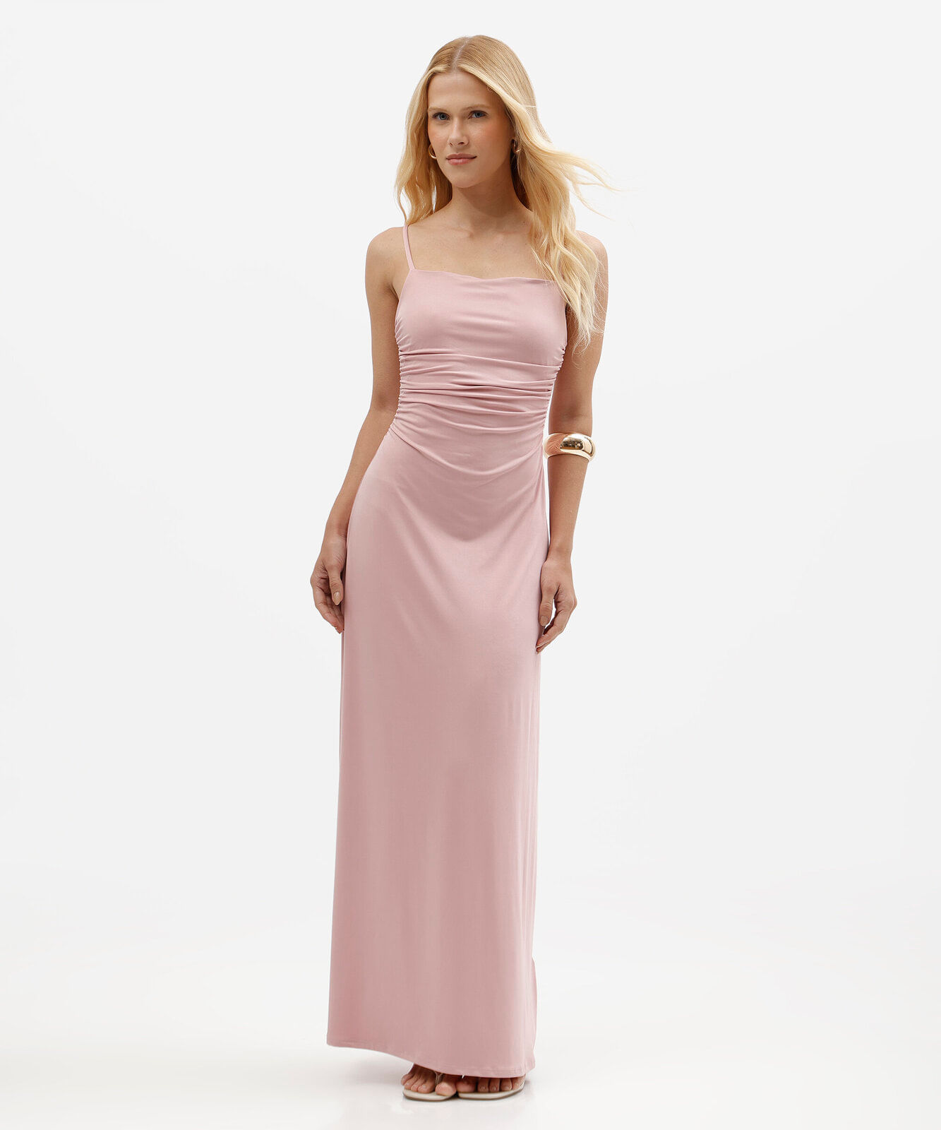 vestido longo coluna feminino de malha com decote drapeado rosa