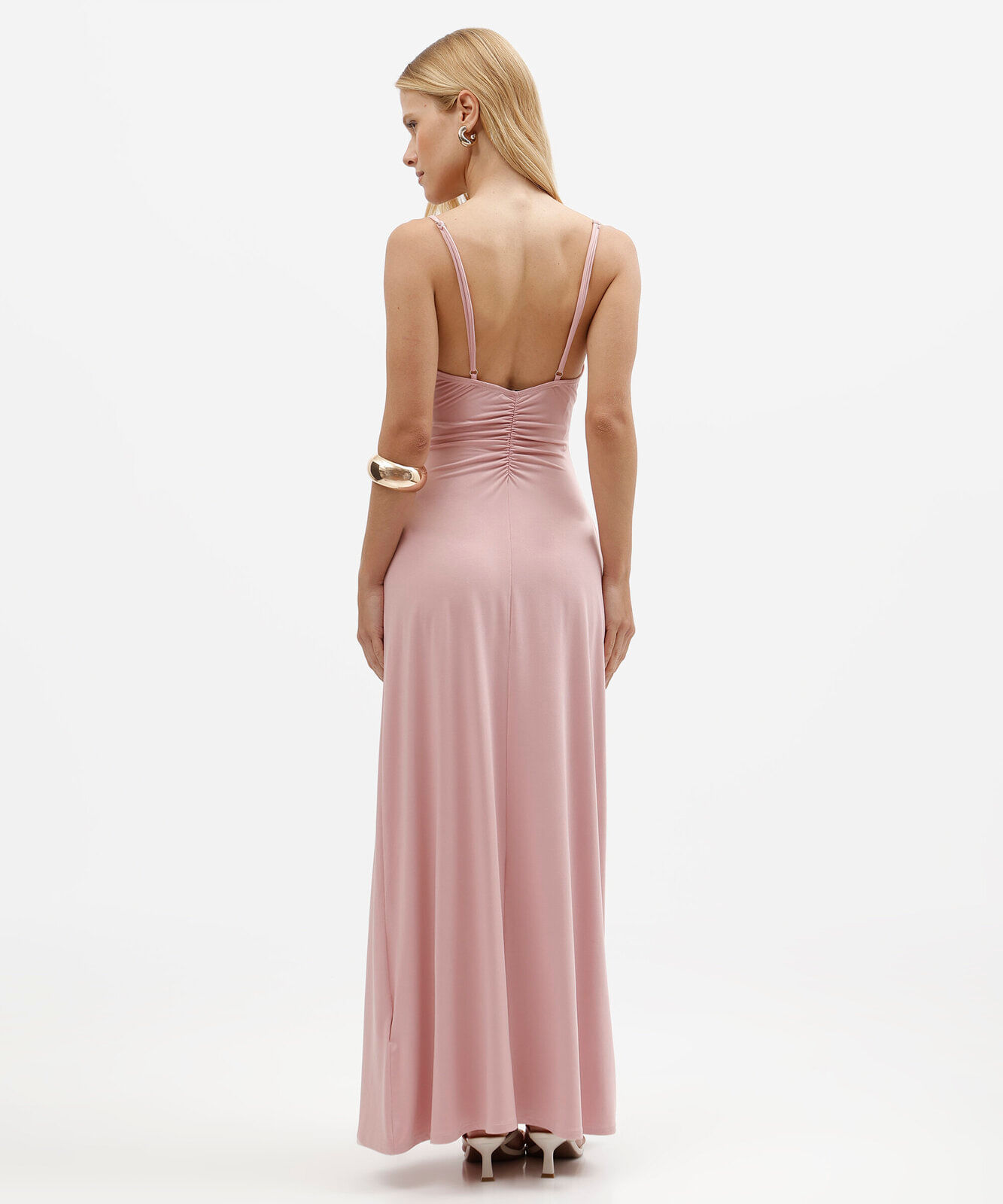 vestido longo coluna feminino de malha com decote drapeado rosa