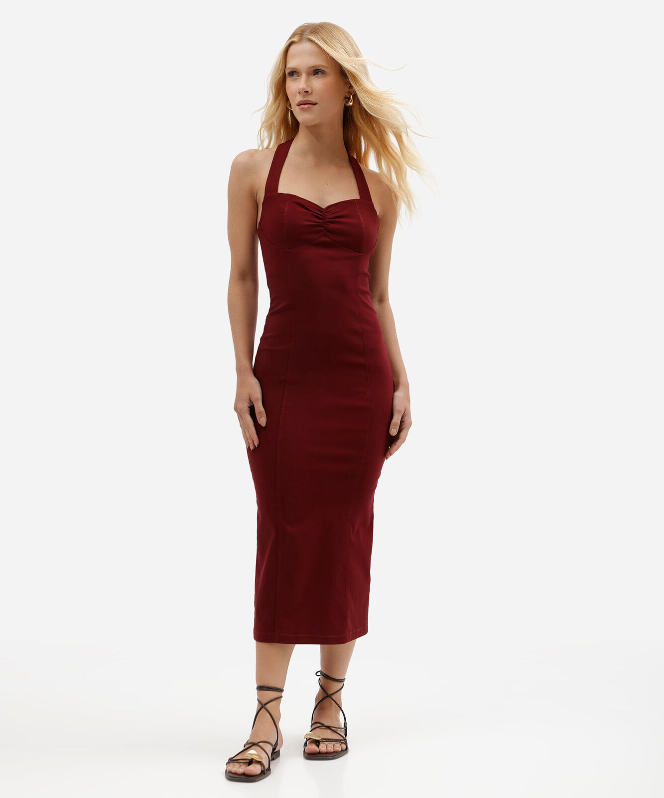 vestido midi feminino frente única com busto estruturado vinho