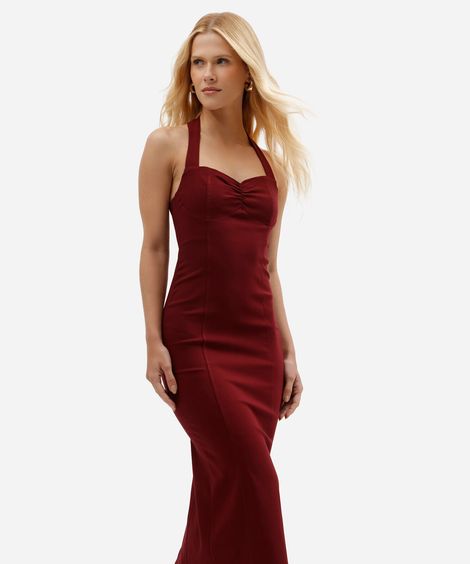 vestido midi feminino frente única com busto estruturado vinho