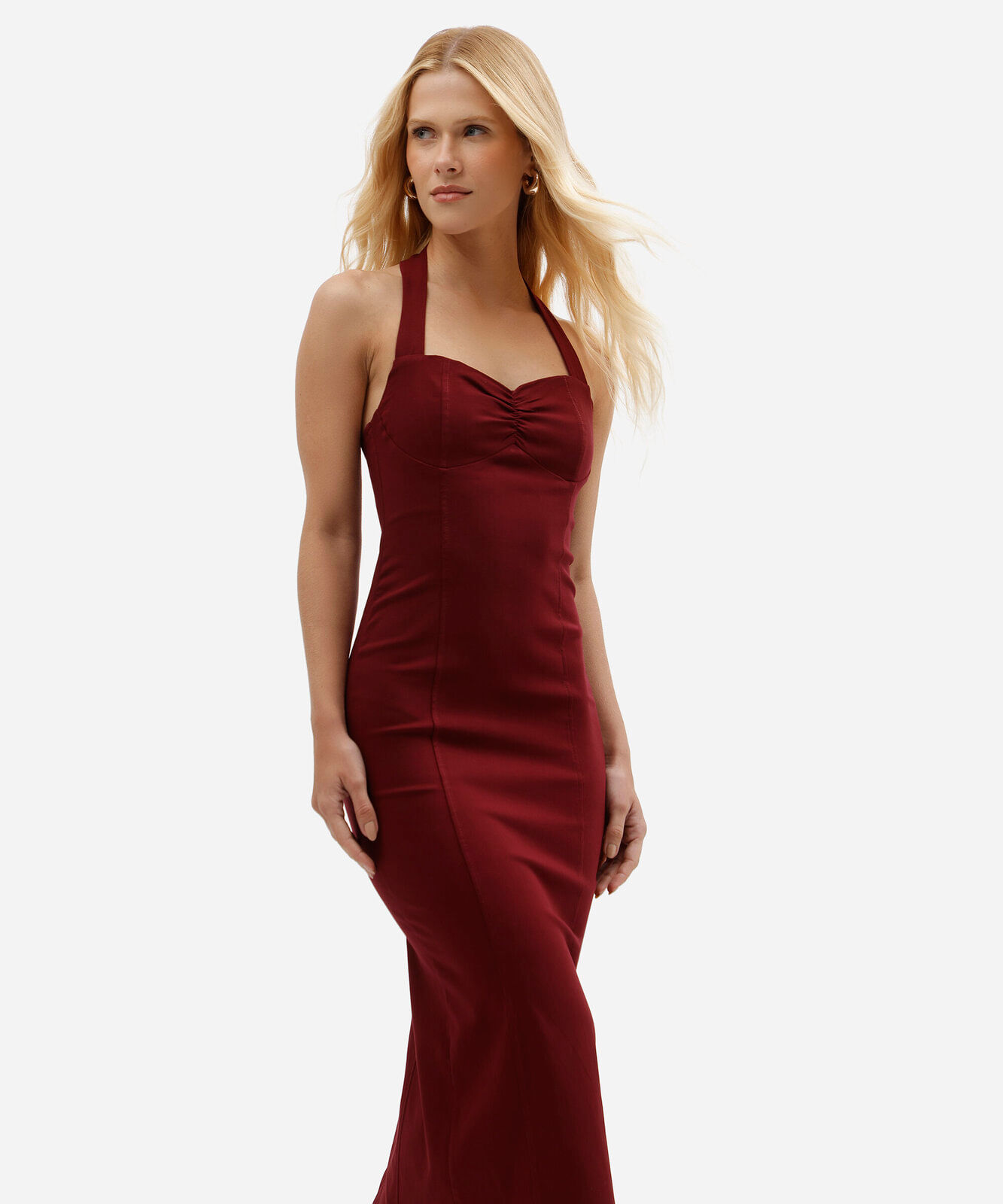 vestido midi feminino frente única com busto estruturado vinho