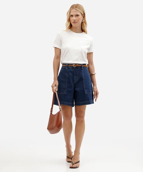 short midi carpenter jeans cintura alta com cinto azul