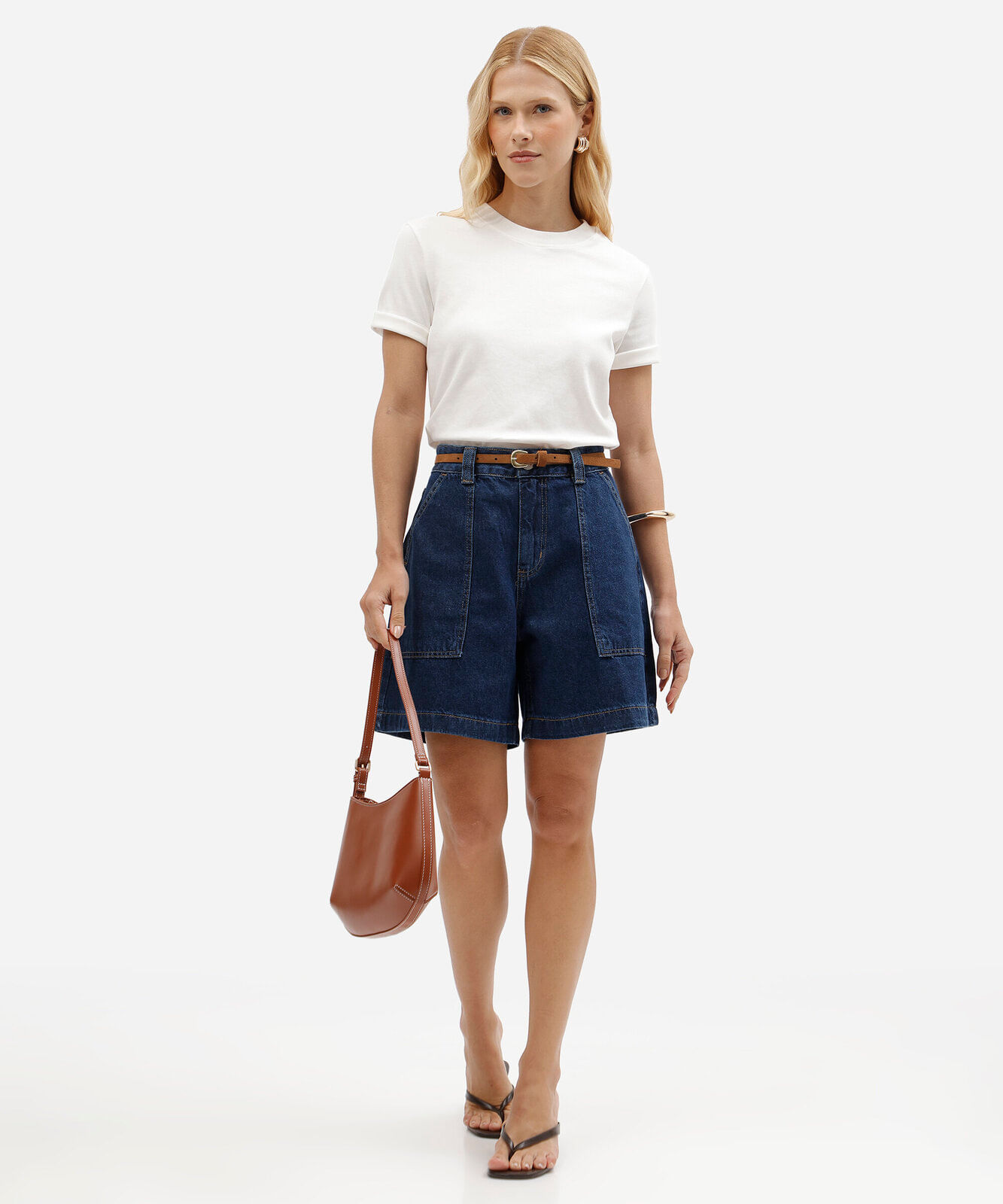 short midi carpenter jeans cintura alta com cinto azul