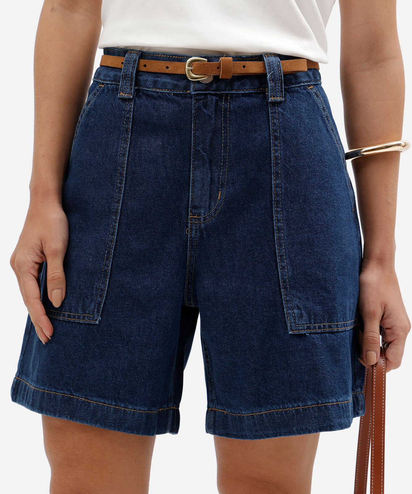 short midi carpenter jeans cintura alta com cinto azul