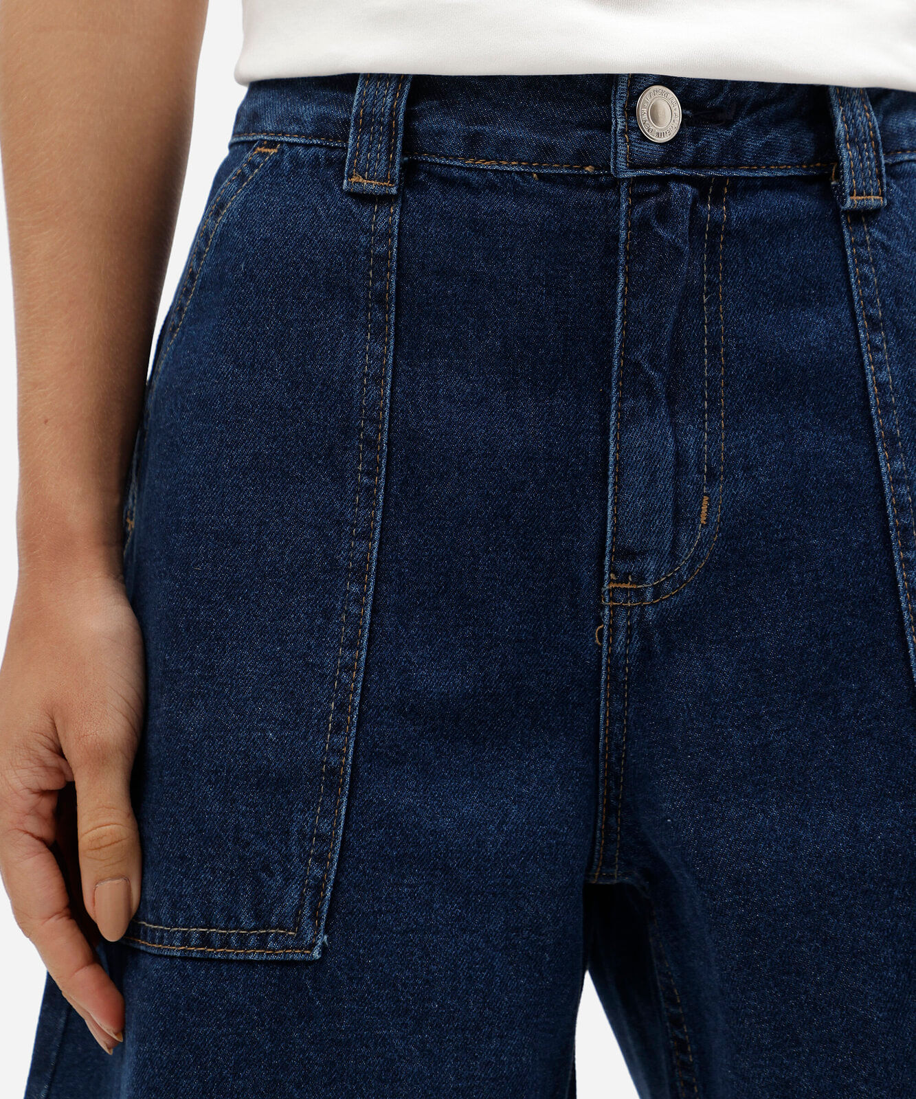 short midi carpenter jeans cintura alta com cinto azul