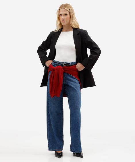calça jeans wide leg cintura baixa com lavagem estonada azul