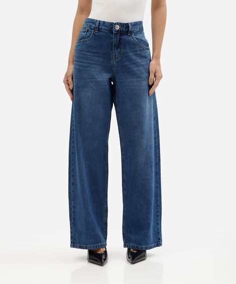 calça jeans wide leg cintura baixa com lavagem estonada azul