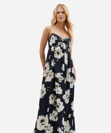 vestido longo feminino acetinado plissado com estampa floral e alças finas azul