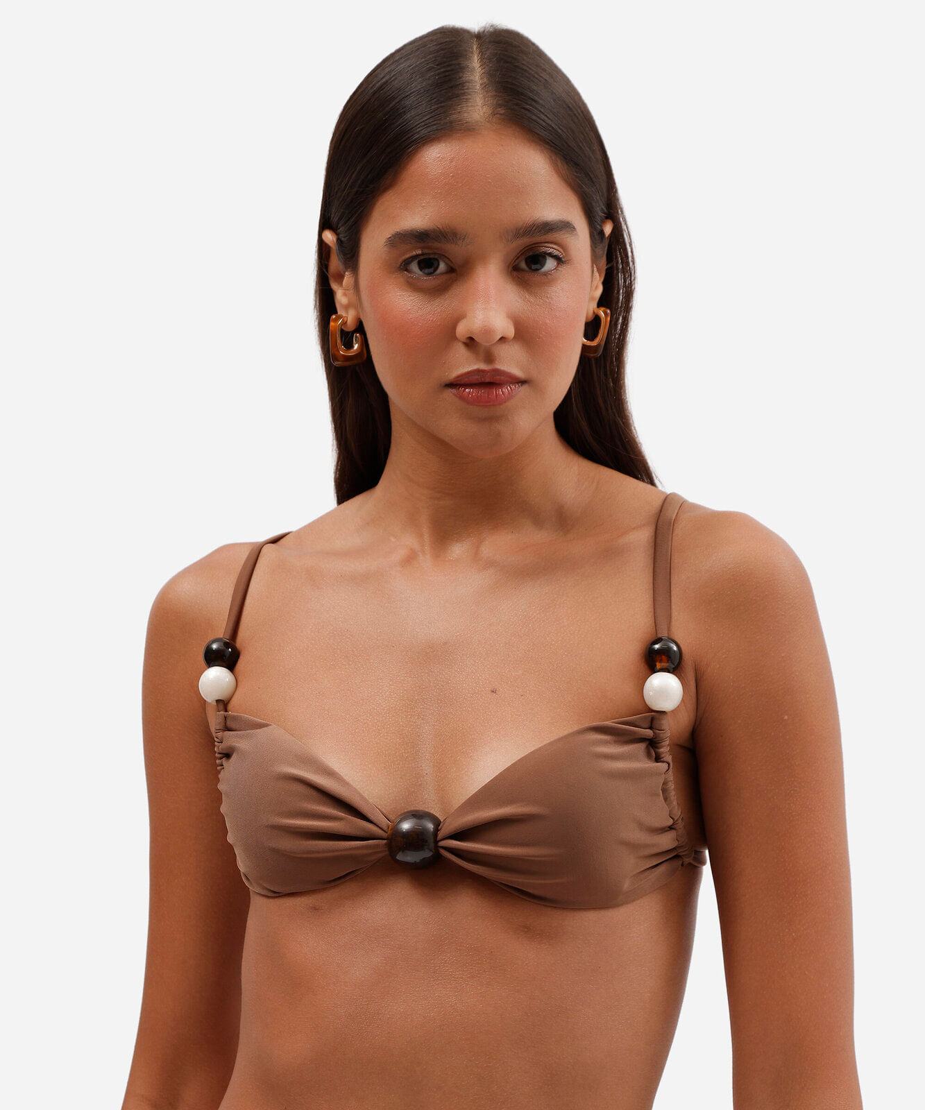 biquíni top faixa acetinado com detalhe frontal e proteção uv marrom