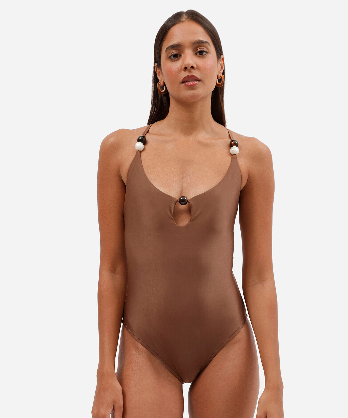 maiô feminino acetinado com argola e proteção uv  marrom
