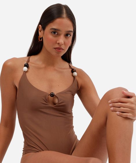 maiô feminino acetinado com argola e proteção uv  marrom