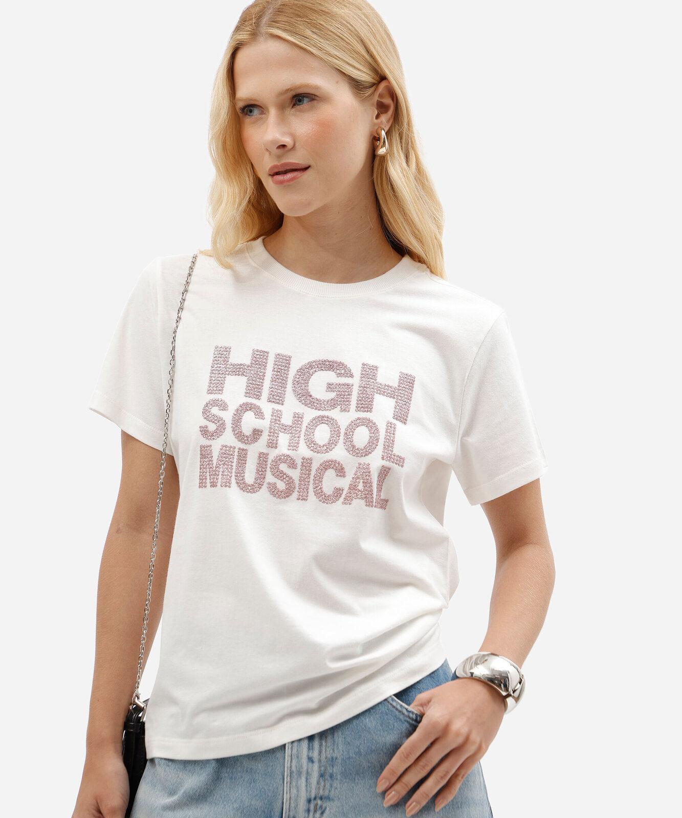 camiseta feminina de algodão manga curta high school musical off white