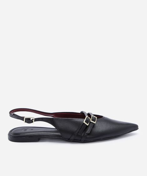 sapatilha slingback feminina de bico fino com tiras e fivelas em napa preta