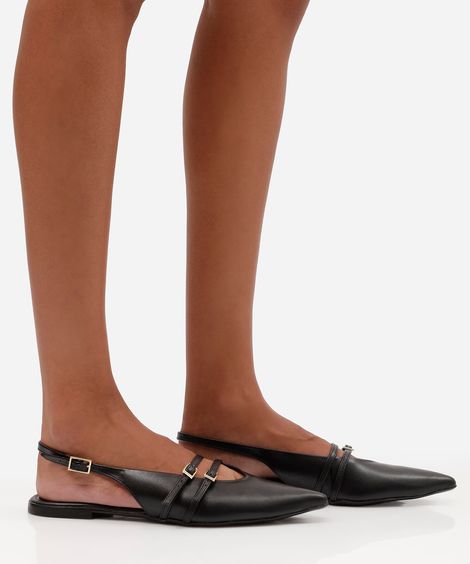 sapatilha slingback feminina de bico fino com tiras e fivelas em napa preta